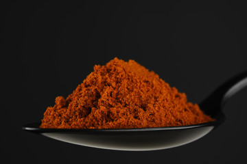 seasoning smoked paprika, sweet in black spoon. dark grey background. closeup