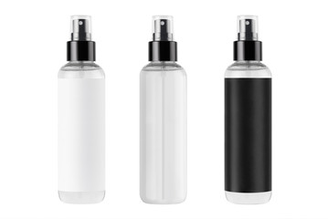 Three tall spray dispenser bottles for cosmetics  collection - transparent and with black, white label in a row, isolated, mock up for design.