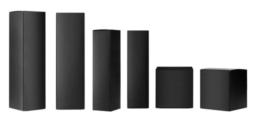 Large collection of different black paper boxes -  tall  rectangle, square box - side, front view...