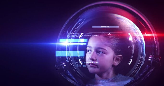 Brave Beautiful Little Girl Astronaut In Space Helmet Looking At Panning Camera. She Is Exploring Outer Space In A Space Suit. Science And Technology Related VFX 4K Concept Footage.