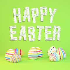3d render - colorful easter eggs on a green background