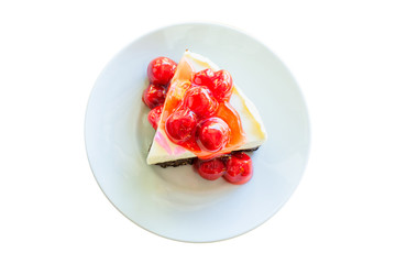Cherry cheese pie cake in white plate isolated on white background.
