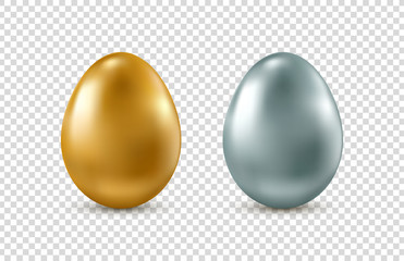 Vector golden and silver realistic Easter eggs on transparent background.