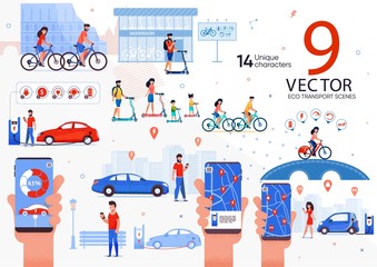 Modern Ecological Transport for City People Trendy Flat Vector Scenes Set. Man and Woman, Parents with Children Rides Bicycle and Scooter, Electrical Car Owner Searching Charger Station Illustrations