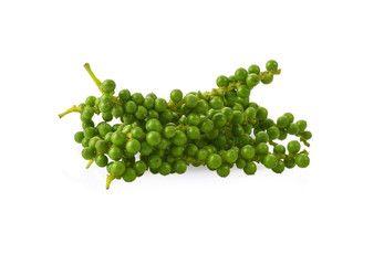 Fresh green peppercorns on white background