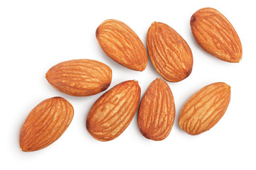 Almonds nuts isolated on white background with clipping path and full depth of field. Top view. Flat lay