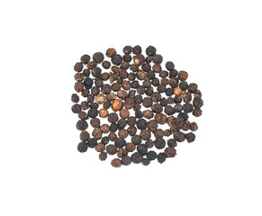 Close-up image of black pepper on white background, view above