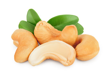 Roasted Cashew nuts with leaf isolated on white background with clipping path and full depth of...