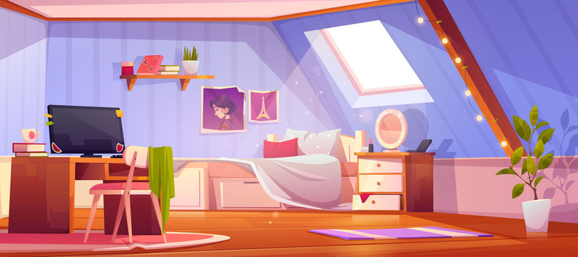 Girl Bedroom Interior On Attic. Vector Cartoon Mansard Teenager Room With Unmade Bed, Workspace For Study With Desk And Computer, Books And Pictures On Wall