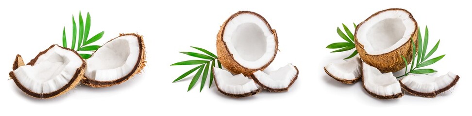 coconut with leaves isolated on white background. Set or collection