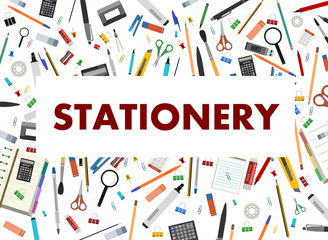 Stationery. Background for advertising a store, company. Vector illustration. Isolated on a white background. Pencils, pens, felt-tip pens, brushes, erasers, scissors, adhesive tape, compasses