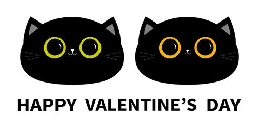 Happy Valentines Day. Black cat round head face icon set. Big yellow and green eyes. Cute funny cartoon character. Sad emotion. Kitty Whisker Baby pet collection. White background. Flat design.