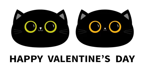 Fotobehang Happy Valentines Day. Black cat round head face icon set. Big yellow and green eyes. Cute funny cartoon character. Sad emotion. Kitty Whisker Baby pet collection. White background. Flat design. © worldofvector