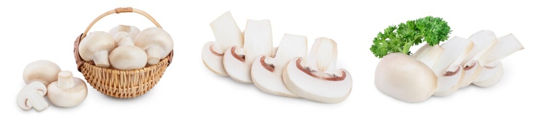 Fresh mushrooms champignon isolated on white background with clipping path and full depth of field. Set or collection