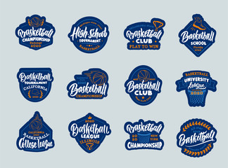 Set of vintage Basketball emblems and stamps. Basketball club, school, league stickers, patches, badges, templates