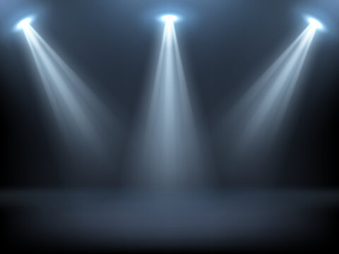 Stage illuminated by spotlights. Empty podium with spot of light. Vector realistic mockup of studio or theater interior with scene and rays of lamps. Background for concert, show, presentation of