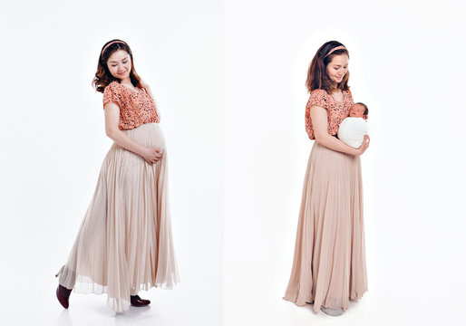 two photos in one:a pregnant woman stroking her belly on a white background, a mother with a baby in her arms. Copy space. The concept of a healthy lifestyle, IVF
