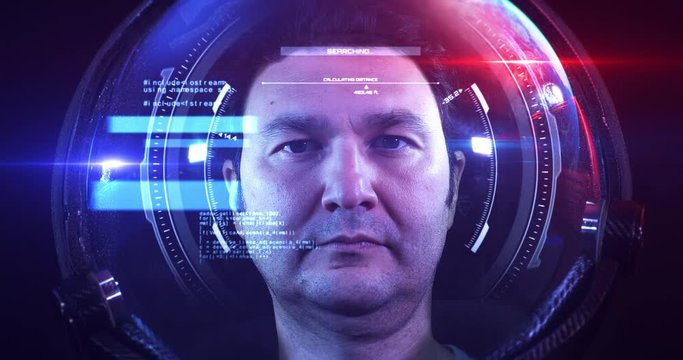 Close Up 4K Shot Of The Young Brave Male Astronaut In Space Helmet. He Is Exploring Outer Space In A Space Suit. Science And Technology Related VFX 4K Concept Footage.