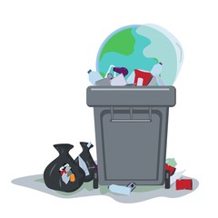 Garbage bin with planet Earth and different types of waste. Enviromental issues concept. Save our planet concept. Isolated vector illustration.