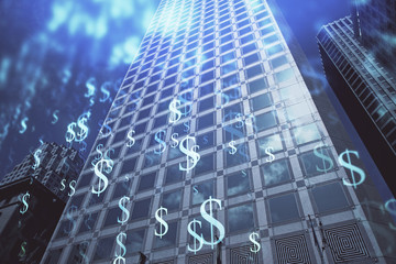 Forex chart on cityscape with tall buildings background multi exposure. Financial research concept.