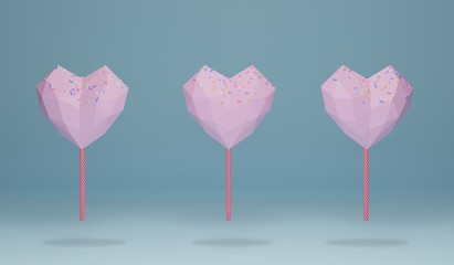 pink heart shape chocolate candy on the end of a stick like lollipop with colorful sprinkles topping. sweet food pattern on blue background, 3d rendering