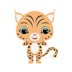 Cute baby lynx. Wild animal. Flat vector stock illustration on white background