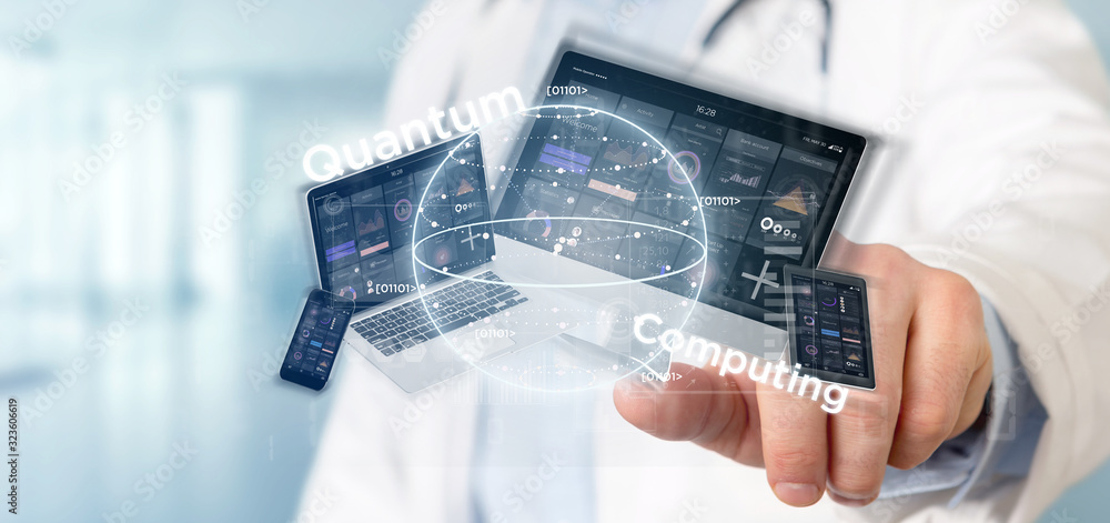 Poster doctor holding quantum computing concept with qubit and devices 3d rendering