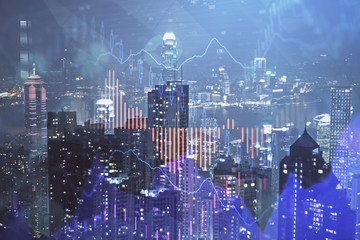Double exposure of forex chart drawings over cityscape background. Concept of success.