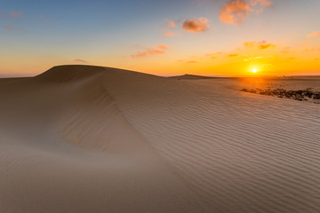 Naklejka na ściany i meble Sand dunes in the National Park of Dunas de Corralejo during a beautiful sunrise- Canary Islands - Fuerteventura.
