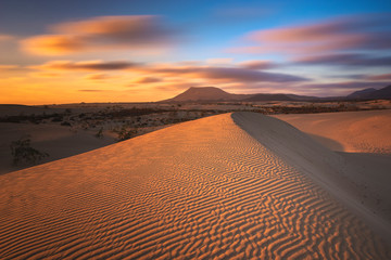 Beautiful landscape of sand dunes  in the National Park of Dunas de Corralejo , Canary Islands ,Fuerteventura.