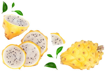 Dragon fruit, Pitaya or Pitahaya yellow isolated on white background with copy space for your text....
