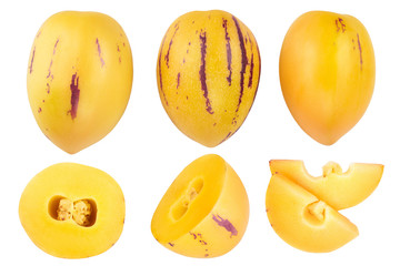 Fresh Pepino fruit with leaves isolated on white background. Top view, flat lay