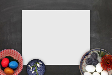 Top view flat lay Easter concept with canvas and chalk background