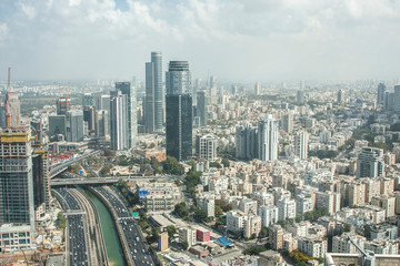 Panorama of the daytime city and river from a height