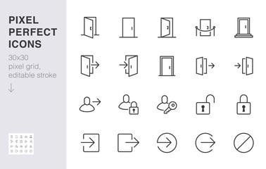 Open door line icon set. Login, logout, register, password, vip entrance, key, lock, exit minimal vector illustrations. Simple outline signs for web application. 30x30 Pixel Perfect. Editable Strokes