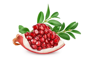 Pomegranate piece with leaf isolated on white background with clipping path and full depth of field.