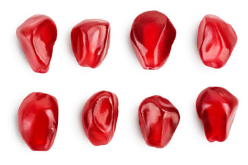 pomegranate seeds isolated on white background with clipping path and full depth of field. Top view. Flat lay. Set or collection