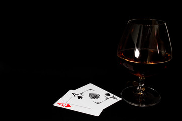 Glass of dark red brandy,   whiskey or bourbon