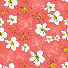 Seamless pattern with plumeria flowers butterflies sketch, black contour pink coral yellow white background. simple ornament, Can be used for Gift wrap, fabrics, wallpapers. Vector