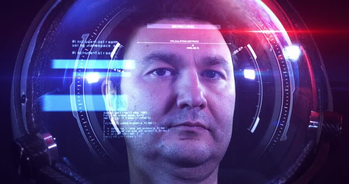 Young Brave Male Astronaut In Space Helmet Looking At Camera Slowly. He Is Exploring Outer Space In A Space Suit. Science And Technology Related VFX 4K Concept Footage.