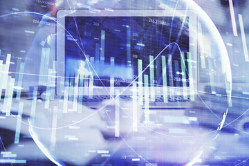 Multi exposure of business theme icons and work space with computer background. Concept of success.