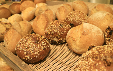 Assortment of fresh baked bread in the bakery's basket