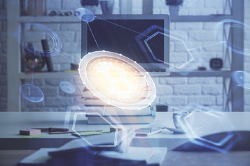 Multi exposure of blockchain and crypto economy theme hologram and table with computer background....