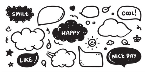 Hand drawn set of speech bubbles with dialog words:yes, hello, no, love you, ok, Vector illustration.