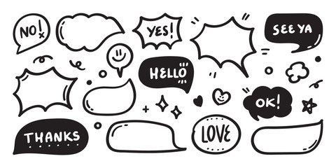 Hand drawn set of speech bubbles with dialog words:yes, hello, no, love you, ok, Vector illustration.