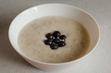 white plate of oatmeal with blackcurrant berries