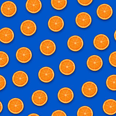 Background of half cut oranges on orange background. Bright summer background. Orange Fruits seamless pattern. Oranges texture design for textiles, wallpaper, fabric