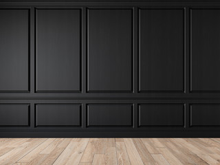 Modern classic black blank wall empty interior with wall panels, molding and wooden floor. 3d render illustration mock up. - obrazy, fototapety, plakaty