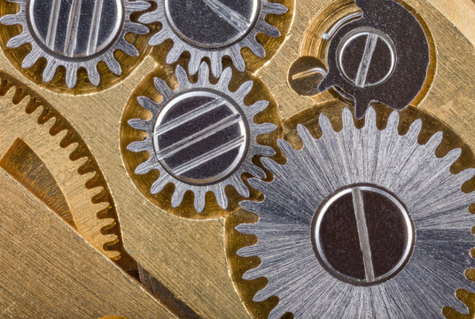 steel and brass clockwork close-up