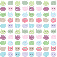 Seamless pattern funny cat face pink lilac blue green gray pastel colors isolated on white background. simple ornament, Can be used for Gift wrap, fabrics, wallpapers. Vector